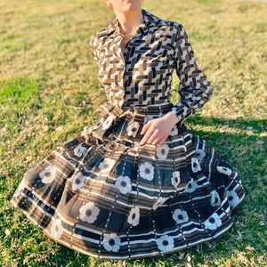 Rare 1960s Gauzy Striped and Flower Print Button Up Dress